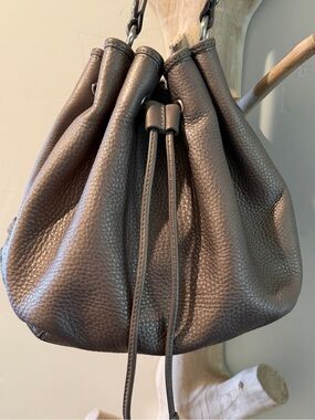 Cole Haan Metallic Gunmetal Pebbled Leather Bucket Bag Silver Gold Shimmer
